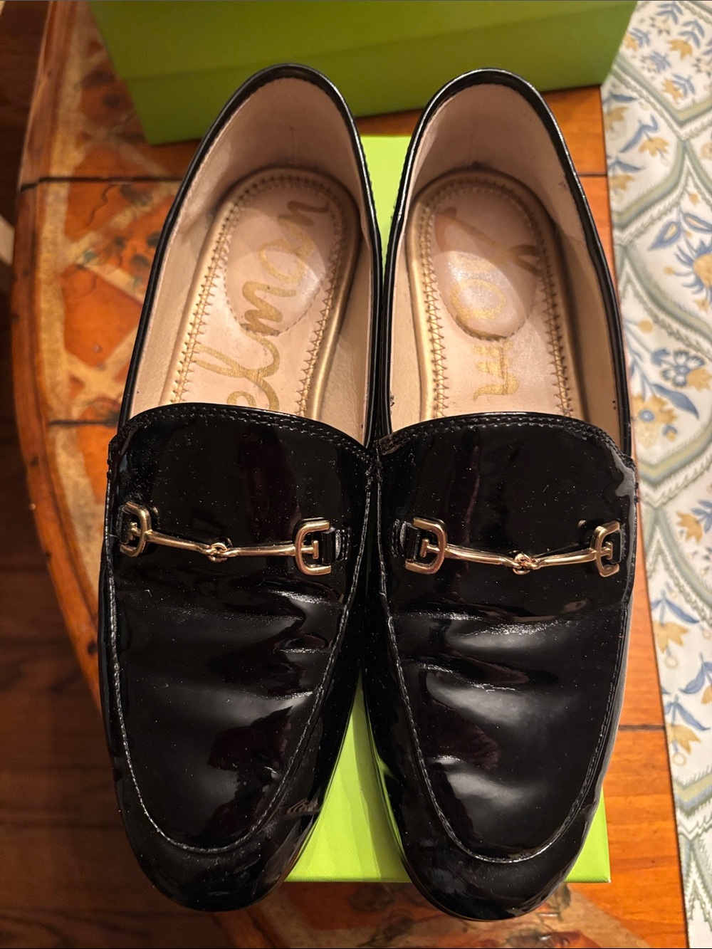 Sam Edelman Black Patent Loafers with Gold Horsebit